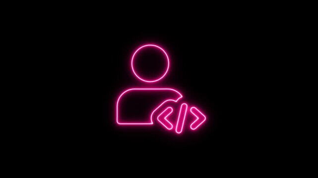 Pink glowing programmer profile icon representing user coding and software development. Neon Icon. Neon Sign