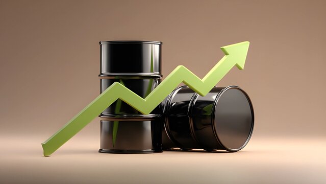 Crude oil prices oil barrels and a steep zigzag upward trending red arrow. Trade war uptrend in oil prices. Oil trading prices. Increase in oil prices with black oil barrels global economic impacts.