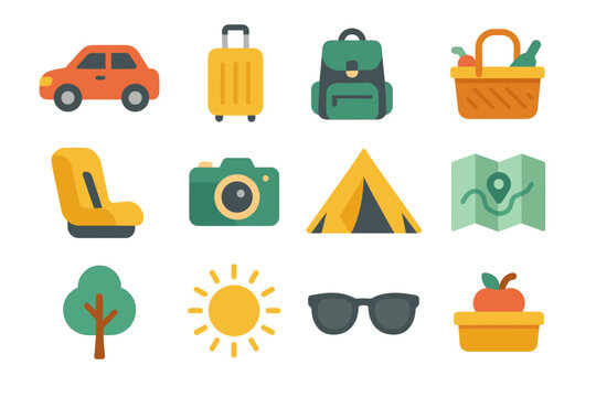 Family camera child car map vector icon trip sunglasses food sun icons