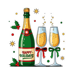 Cheers to festive celebration with champagne bottle and flutes, festive holiday season with bow ties and stars