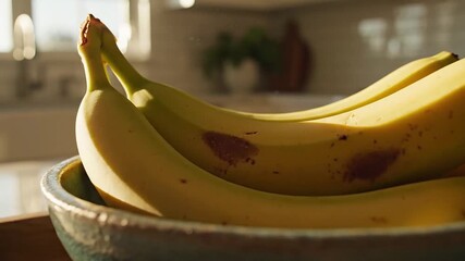Kitchen counters hold a ripening cinematic shots of bananas bowl