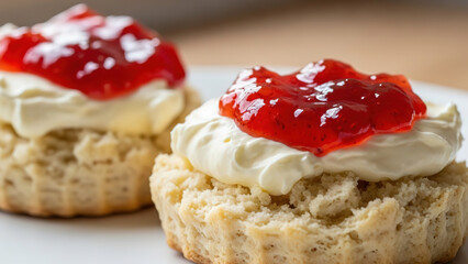 Traditional English cream tea scones with thick clotted cream and strawberry jam served on white plate closeup afternoon tea delight baked pastry dessert