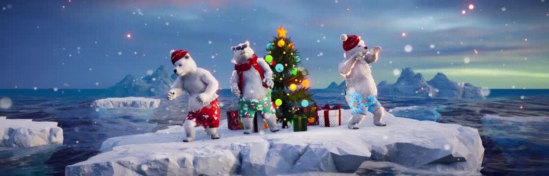 Christmas Party: Funny polar bears dance on an ice floe among icebergs at the North Pole. Animated 3D video for holiday events, greeting cards, and winter-themed content.