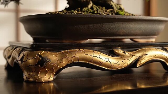 Kintsugi-style stand enhances the cinematic shot of bonsai tree by reflecting subtle gold etching gr 162