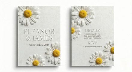 Elegant embossed wedding invitation template featuring 3D daisies with water droplets on textured white paper. Ideal for minimalist spring/summer ceremonies.
