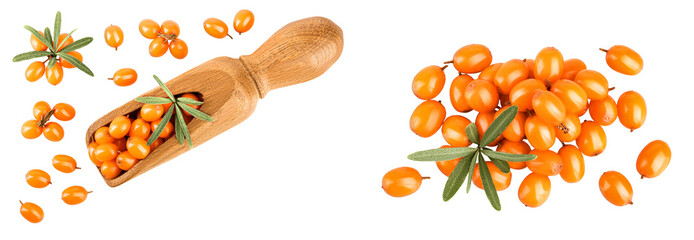 Sea buckthorn in wooden scoop. Fresh ripe berry with leaves isolated on white background. Top view with copy space for your text © kolesnikovserg