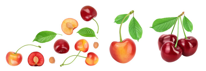 yellow-red sweet cherry isolated on white background. Top view with copy space for your text. Flat lay
