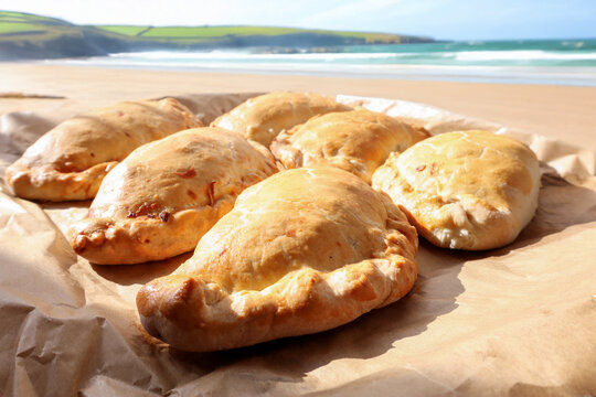 Cornish pasties on a beach picnic with the Cornish coastline and beach in the background