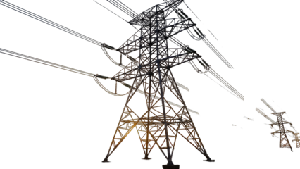 Power Lines and Pylons Silhouetted Against White Sky