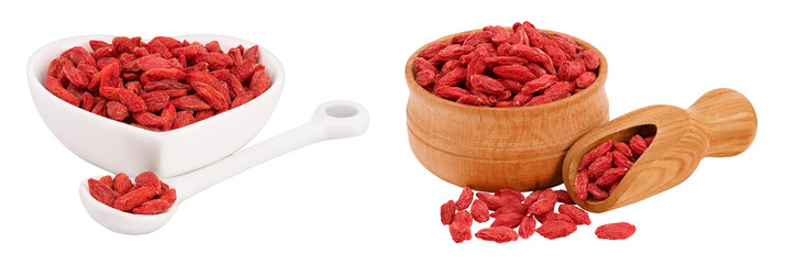 Dried goji berries in ceramic and wooden bowl and scoop isolated on white background with full depth of field