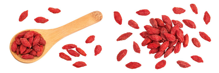 Dried goji berries in wooden spoon isolated on white background. Top view. Flat lay.