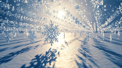 Enchanting Snowflake Wonderland: A mesmerizing view of a winter wonderland, where crystalline snowflakes dance through the air, their delicate forms shimmering in the soft light.