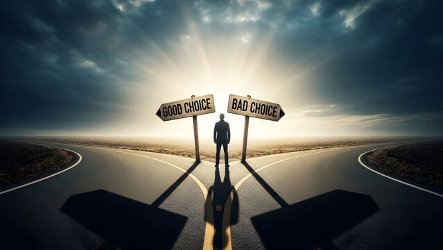 Businessman stands at crossroads facing important decision signs pointing toward good choice and bad choice options concept