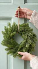 Festive greenery: hanging a wreath on a door hook for holiday decoration