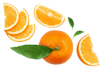 Orange fruit slices isolated on white background. Top view. Flat lay.