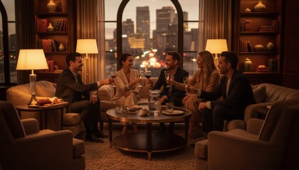 Four elegant adults making a celebratory toast with drinks in a luxurious lounge with a city skyline view at dusk, creating a sophisticated and joyful atmosphere