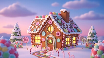 Gingerbread House Paradise: A whimsical gingerbread house with colorful candies, cozy charm, and delightful winter wonderland surroundings.