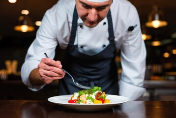A chef focuses on plating a gourmet dish in a restaurant kitchen during the evening. Fresh herbs and colorful ingredients are arranged on the plate