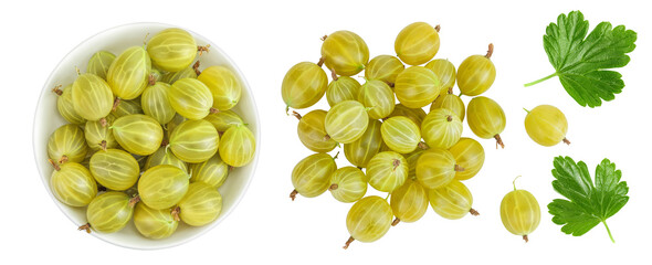 Green gooseberry in ceramic bowl isolated on white background with full depth of field