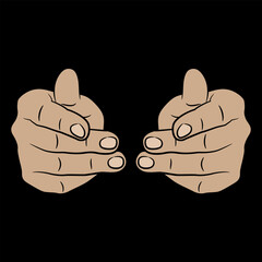 Front view of two human hands. Giving gesture. Cartoon style. On black background.