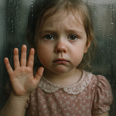Sad little girl looking through a foggy window