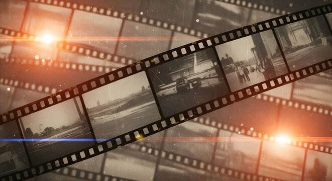 Classic film strip montage with vintage snapshots and lens flares, showcasing historical moments and cinematic storytelling