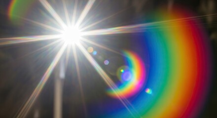 Bright sunlight flares with a rainbow spectrum, creating a vibrant lens flare effect against a dark background