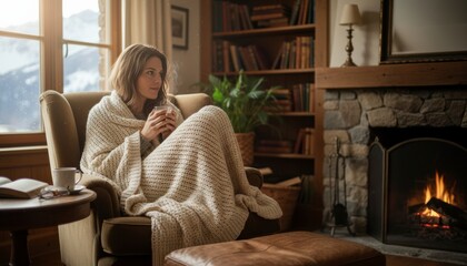 Cozy young woman wrapped in a warm knitted blanket holds a steaming mug, relaxing in an armchair by a window overlooking snowy mountains, with a fireplace burning nearby