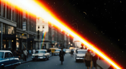 Fototapeta premium Retro street scene with vintage cars and light streak effect captured in a grainy film
