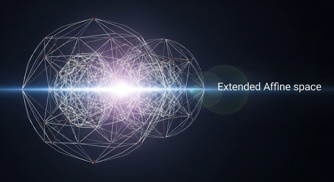 Abstract geometric shapes and light effects in an extended affine space on a dark background