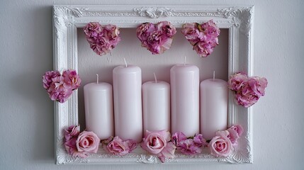 Five pale pillar candles arranged within an ornate white picture frame adorned with pink floral decorations