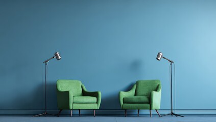 Two green chairs and microphones blue podcast studio room