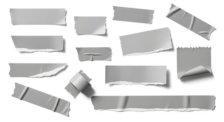 Fototapeta premium Assortment of grey adhesive tape pieces with torn edges, creases, and realistic textures, isolated on white. Perfect for design elements and repair concepts