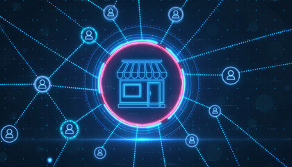 Digital Franchise Network: A stylized representation of a digital franchise network, showcasing interconnected nodes representing individuals connected to a central shop icon.