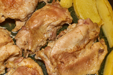Oven-baked chicken pieces with potato slices and seasoning mixture. Close-up.