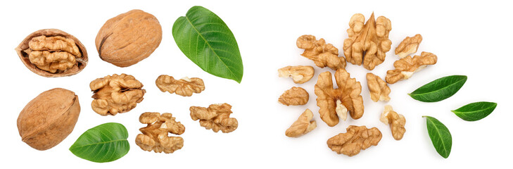 Walnuts with leaf isolated on white background. Top view. Flat lay