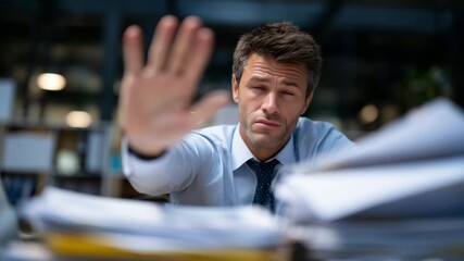 24Businessman overwhelmed by deadlines, hand raised in a strong stop sign toward the camera, messy desk, soft daylight highlighting emotion and stress