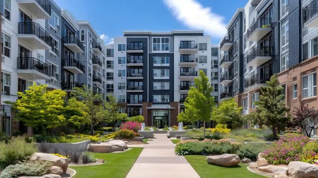 25Clean and modern multifamily complex with tiered balconies, brick and siding fa&ccedil;ade, landscaped lawns and pathways, emphasizing comfort, design, and suburban sophistication