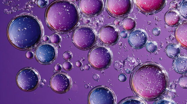 Burbujas esf&eacute;ricas transl&uacute;cidas suspendidas en l&iacute;quido sobre un entorno p&uacute;rpura vibrante, con reflejos iridiscentes en tonos azul, rosa y violeta, creando una escena abstracta de gran profundidad
