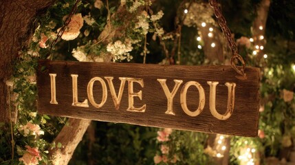 Rustic wooden plaque bearing an affectionate message hangs suspended amid evening garden greenery