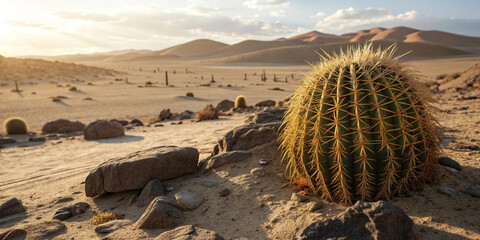 Golden barrel cactus in a vast arid desert landscape at sunset