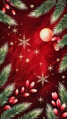 Red Holiday Christmas Background with Snowflakes and Stars