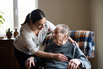 A caregiver interacts with an elderly man in a comfortable living room. They sit in chairs, engaging in conversation. Sunlight shines through the window, creating a warm atmosphere