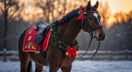 A beautifully adorned horse with holiday decorations in a snowy sunset field, ideal for Christmas card scenes, magical winter illustrations, and festive equestrian themes.