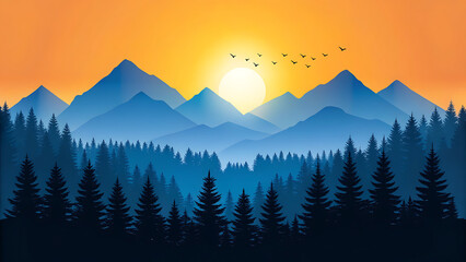 Minimalist mountain forest landscape at sunrise with birds flying