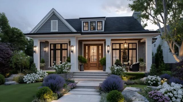 69Charming front view of a contemporary farmhouse with weathered gray siding, oak wooden door, bronze sconces, and a softly glowing hanging light above the porch, surrounded by lush