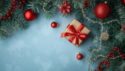 Red Christmas tree decorations, gift box, present on a blue background, red Christmas bokeh, top view