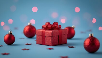 Red Christmas tree decorations, gift box, present on a blue background, red Christmas bokeh, top view