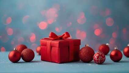 Red Christmas tree decorations, gift box, present on a blue background, red Christmas bokeh, top view
