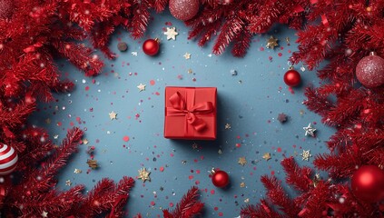 Red Christmas tree decorations, gift box, present on a blue background, red Christmas bokeh, top view